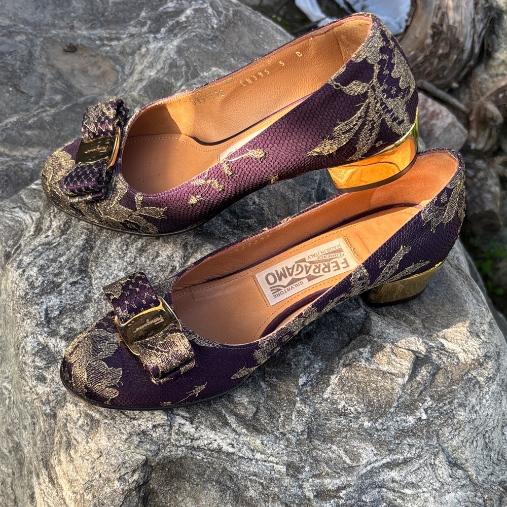Salvatore Ferragamo Purple and Gold Heels